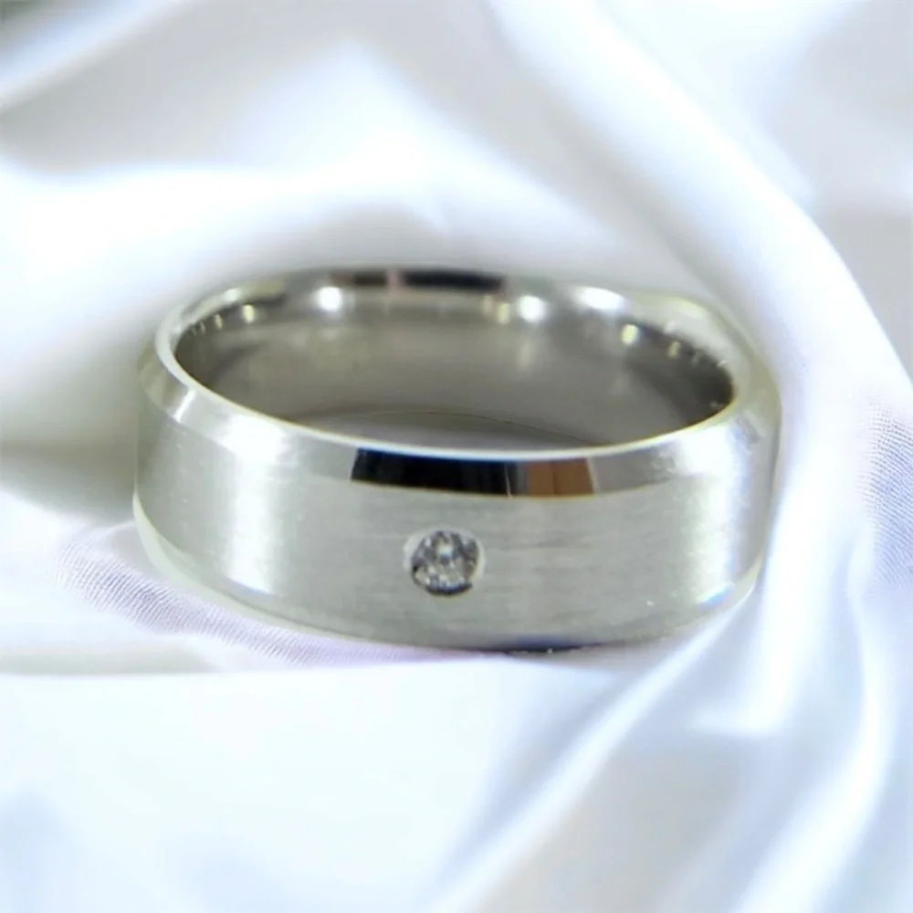 NEW Silver Stainless Steel 6mm Wedding Band Ring Cubic Zirconia Crystal Unisex